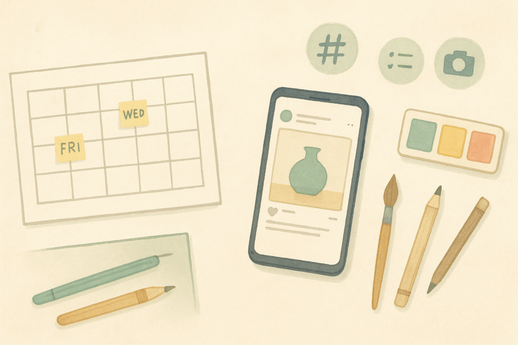 カレンダーとスマートフォン、画材を並べたイラスト