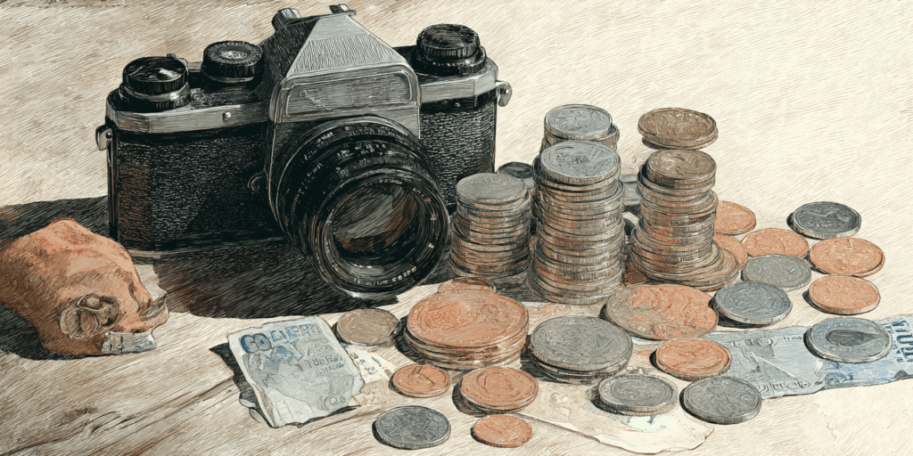カメラと硬貨を並べた撮影費用のイラスト
