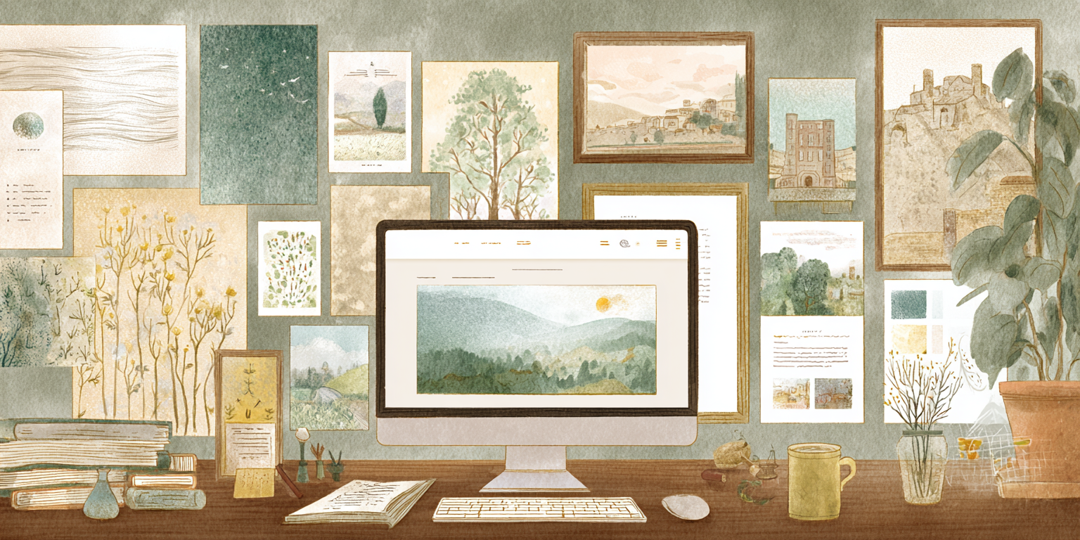 作品を掲載したWeb画面と額装作品のイラスト