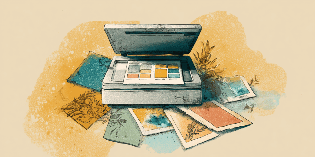スキャナーと読み取り用の資料を描いたイラスト
