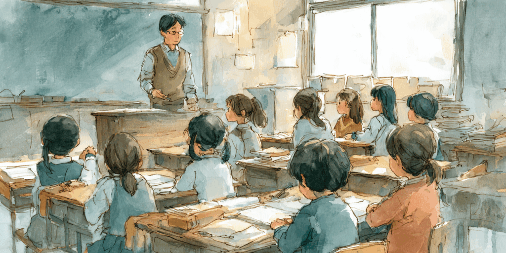 教室で説明を聞く参加者を描いたイラスト