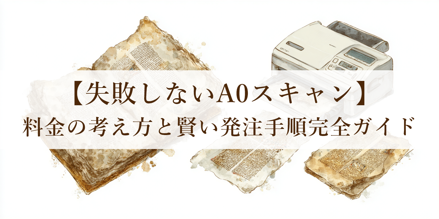 古地図を背景にA0スキャンの見積もりを紹介する画像