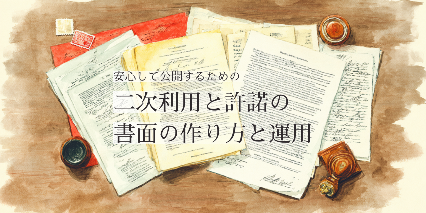書類を背景に画像の再利用条件を紹介する画像