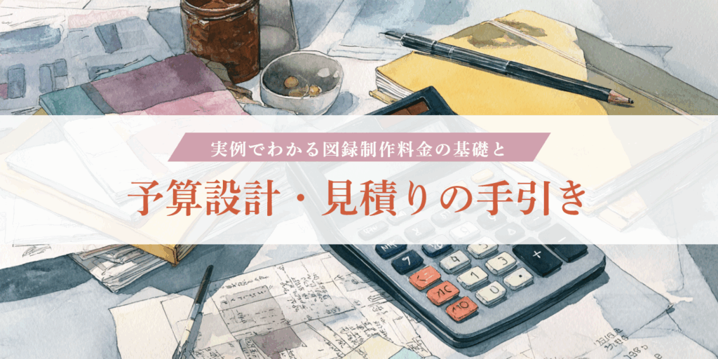 図録と制作資料を背景に見積もりを紹介する画像