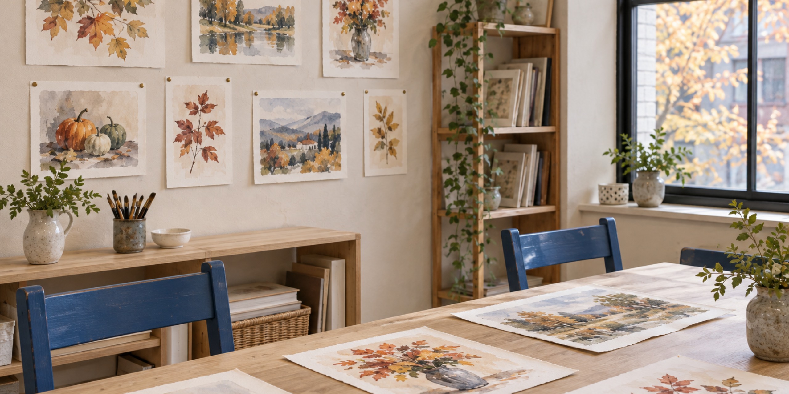 秋の水彩教室の小展示。壁と机に水彩画が並ぶ