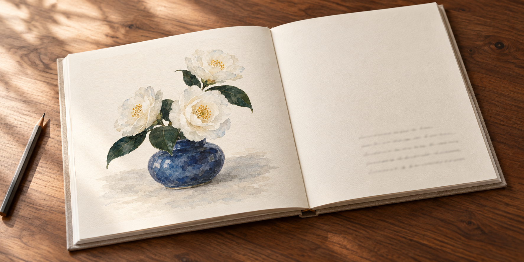 白い花の絵と、文章を添えるページを開いた小さな作品集