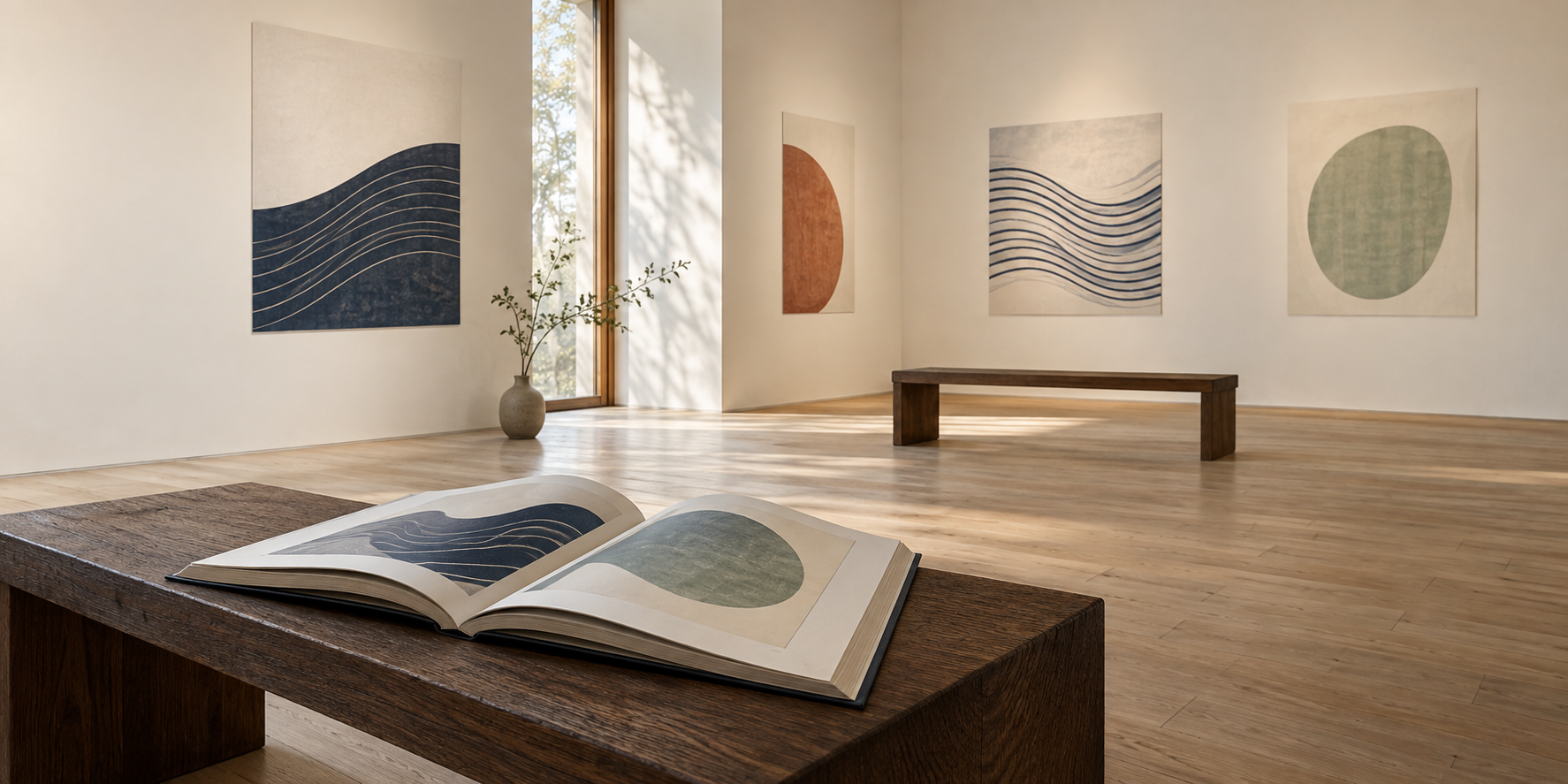 小さな展示室と、作品を掲載した図録を開いた机