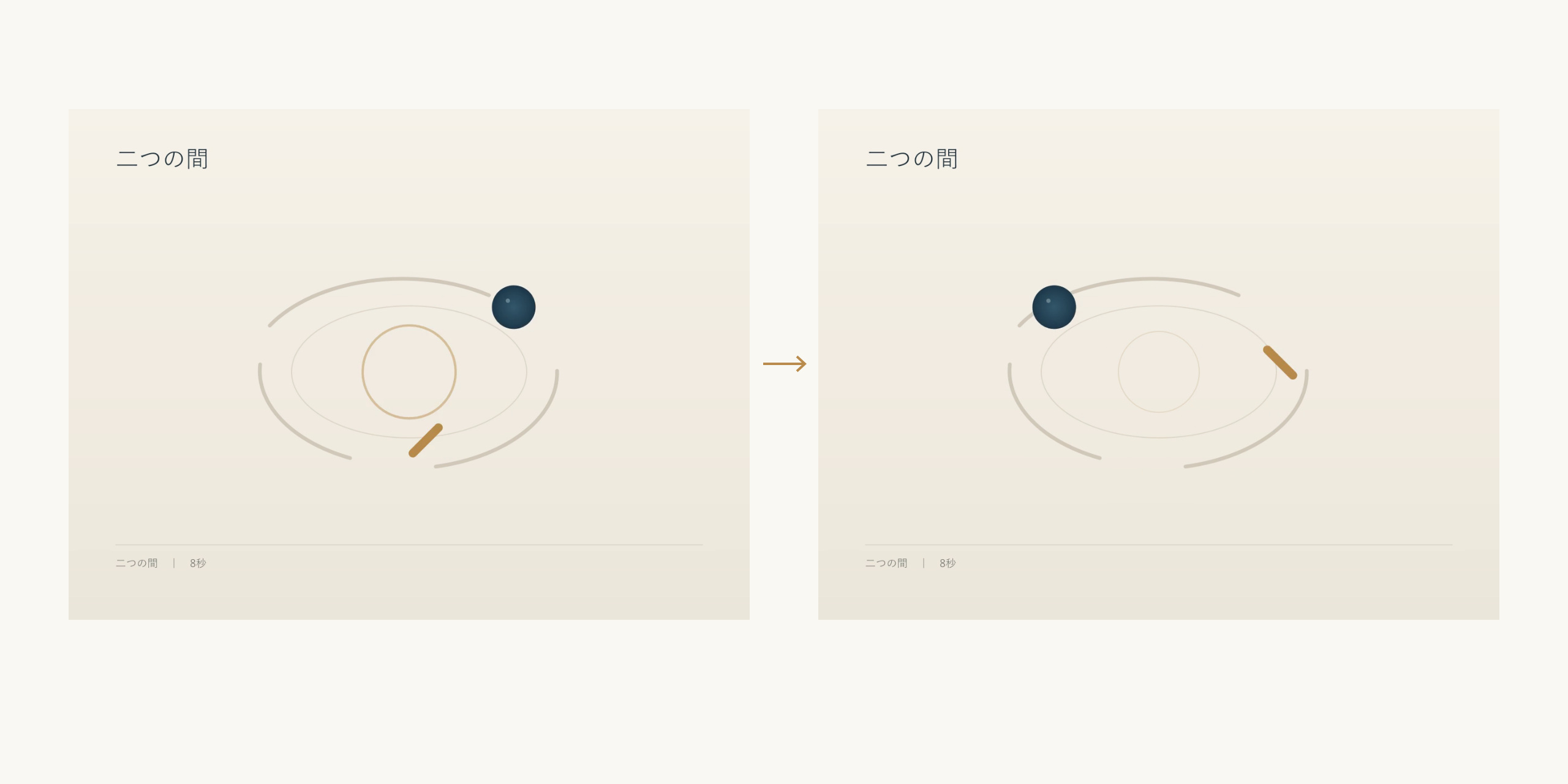 デジタル作品『二つの間』の0.50秒と3.50秒の全画面を左右に置き、青い円と黄土色の線の異なる配置を示すグラフィック