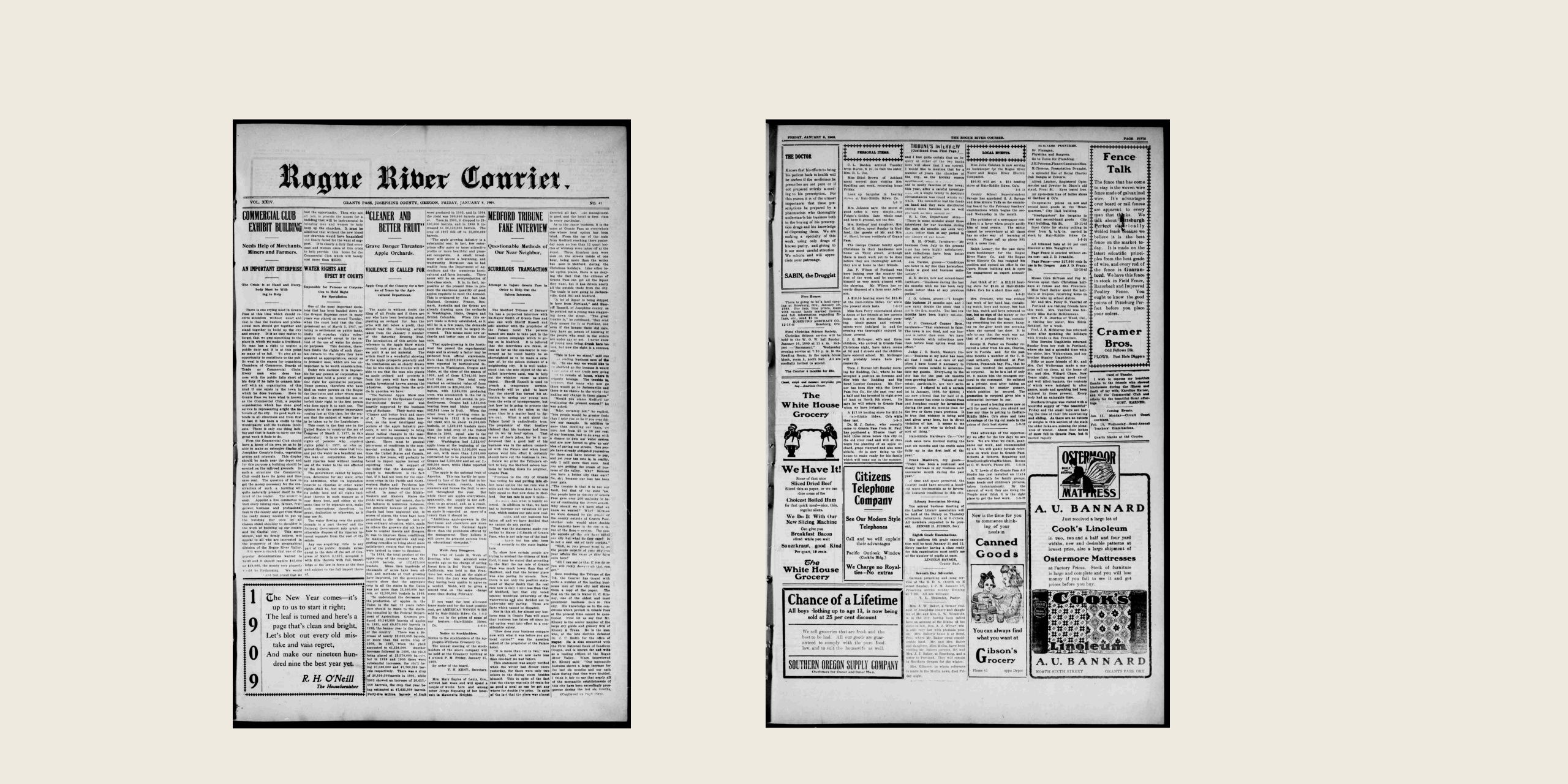 続きの記事が掲載された1909年1月8日の新聞の原紙1面と5面