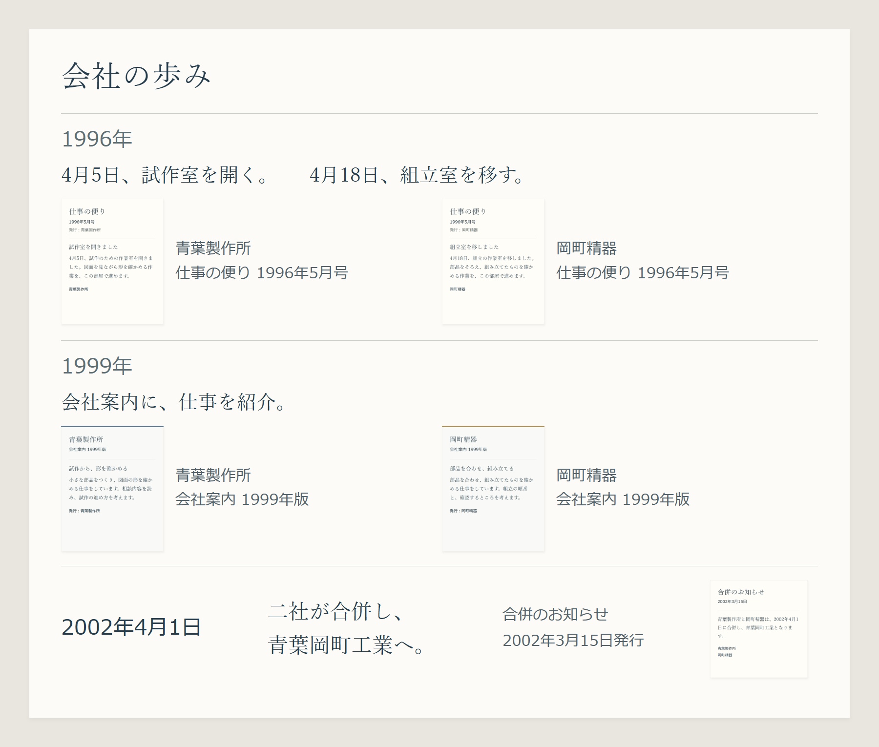 年だけでまとめた初案。1996年の二つの出来事と1999年の会社案内を載せ、会社名は各資料とその説明に残している。