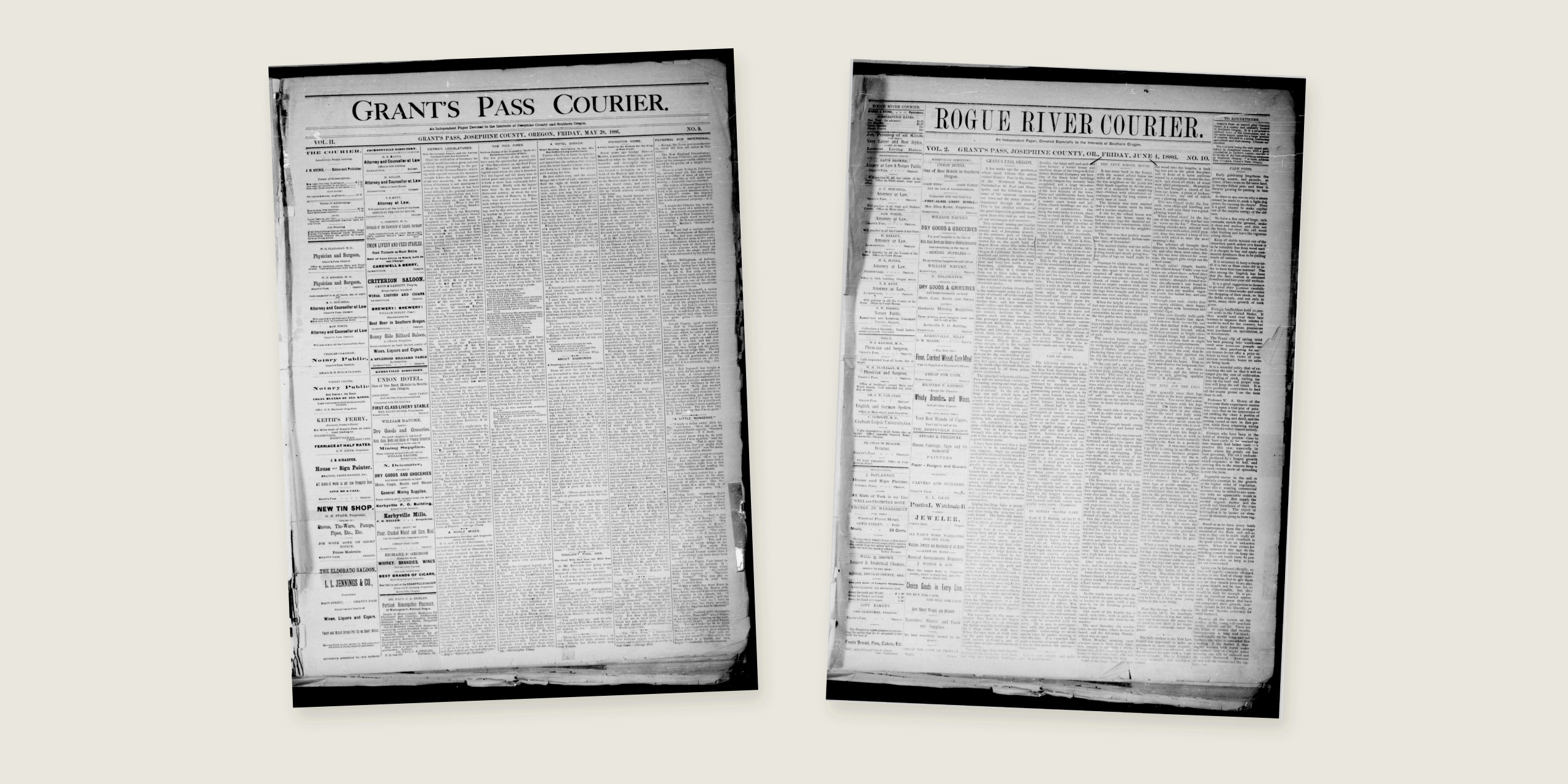 Grant's Pass courier.とRogue River courier.の1886年の二号の公開紙面画像を並べた構成