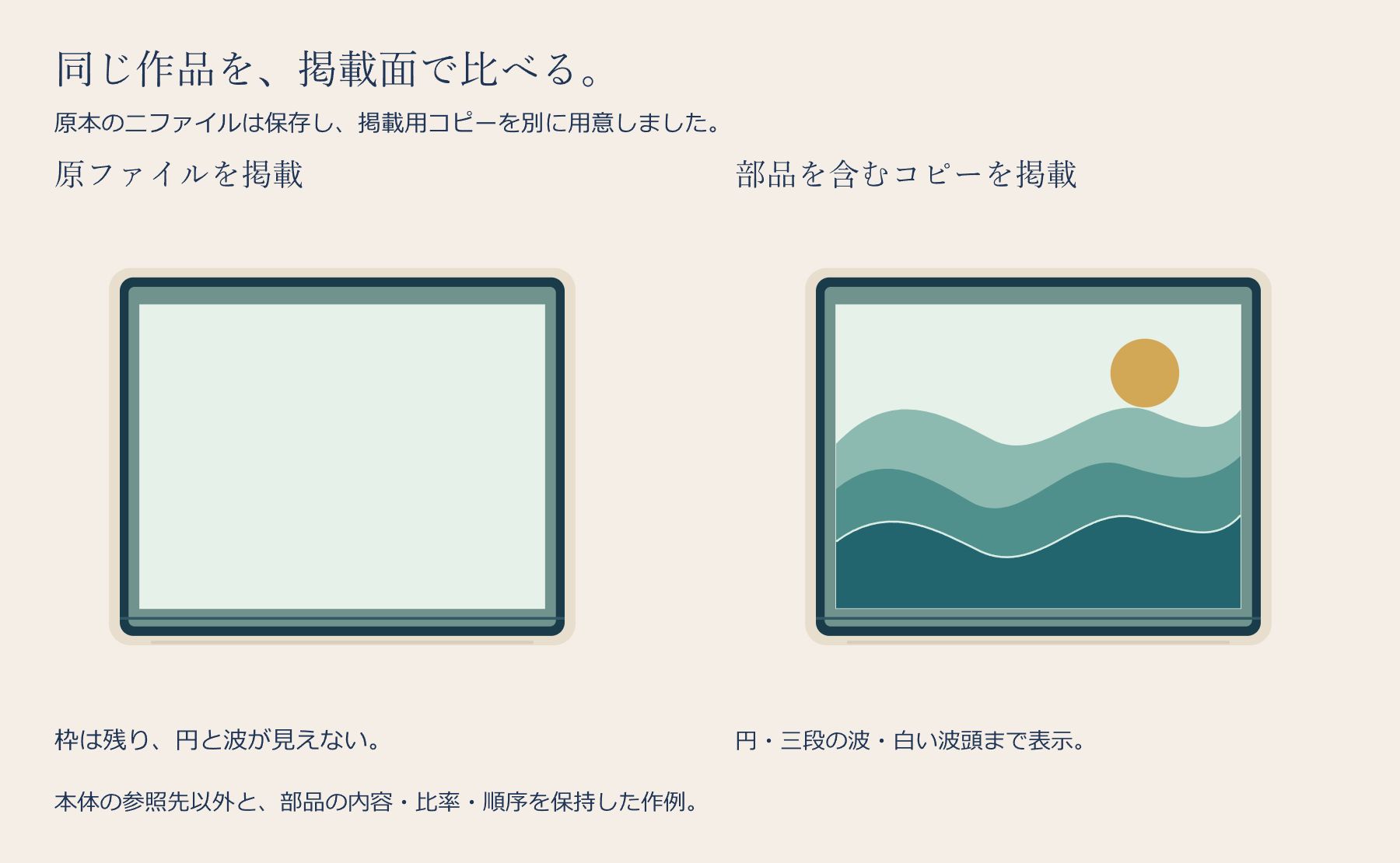 原ファイルを掲載した面は枠と淡い面が残り、円と波が見えない。同じ部品を含むコピーでは、金色の円、三段の波、白い波頭がそろう。同じ作品と比率で並べた比較図。