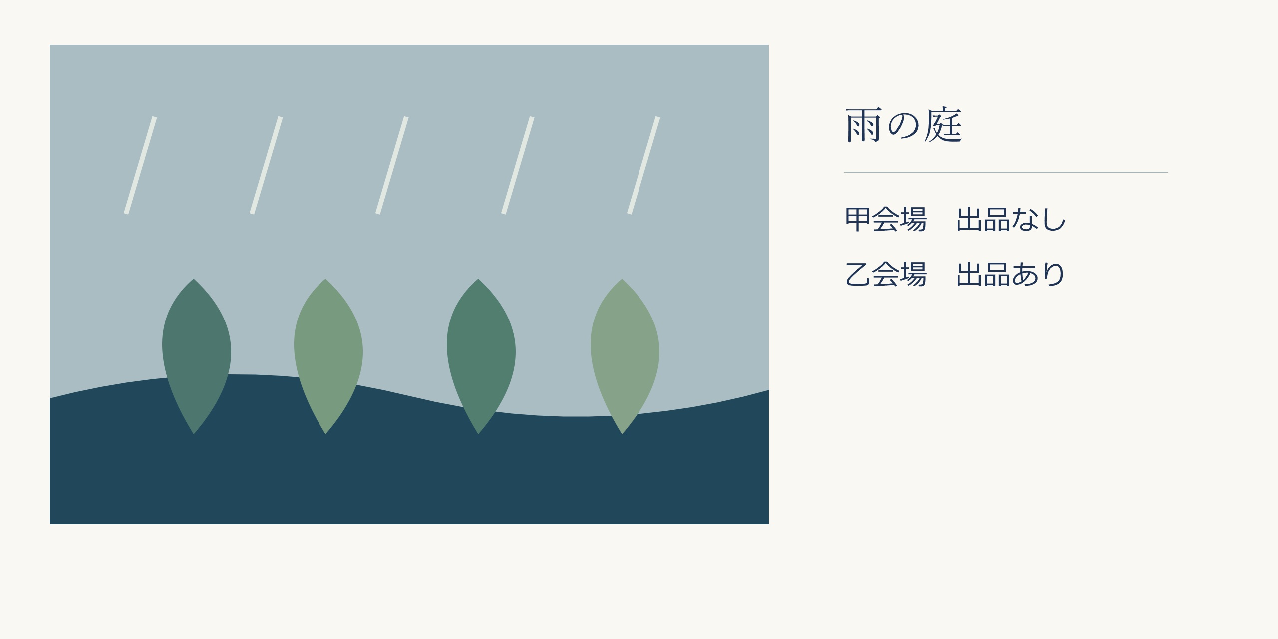 雨の庭の全体と、甲会場は出品なし、乙会場は出品ありという編集例の対応。