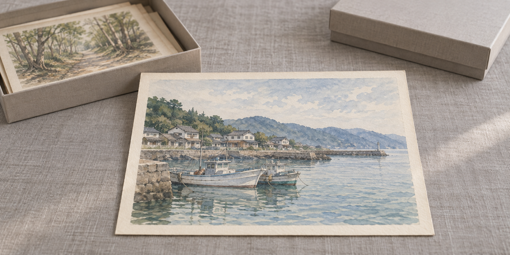 港の絵を手前に置き、林の絵が入る箱と閉じた箱を並べた場面