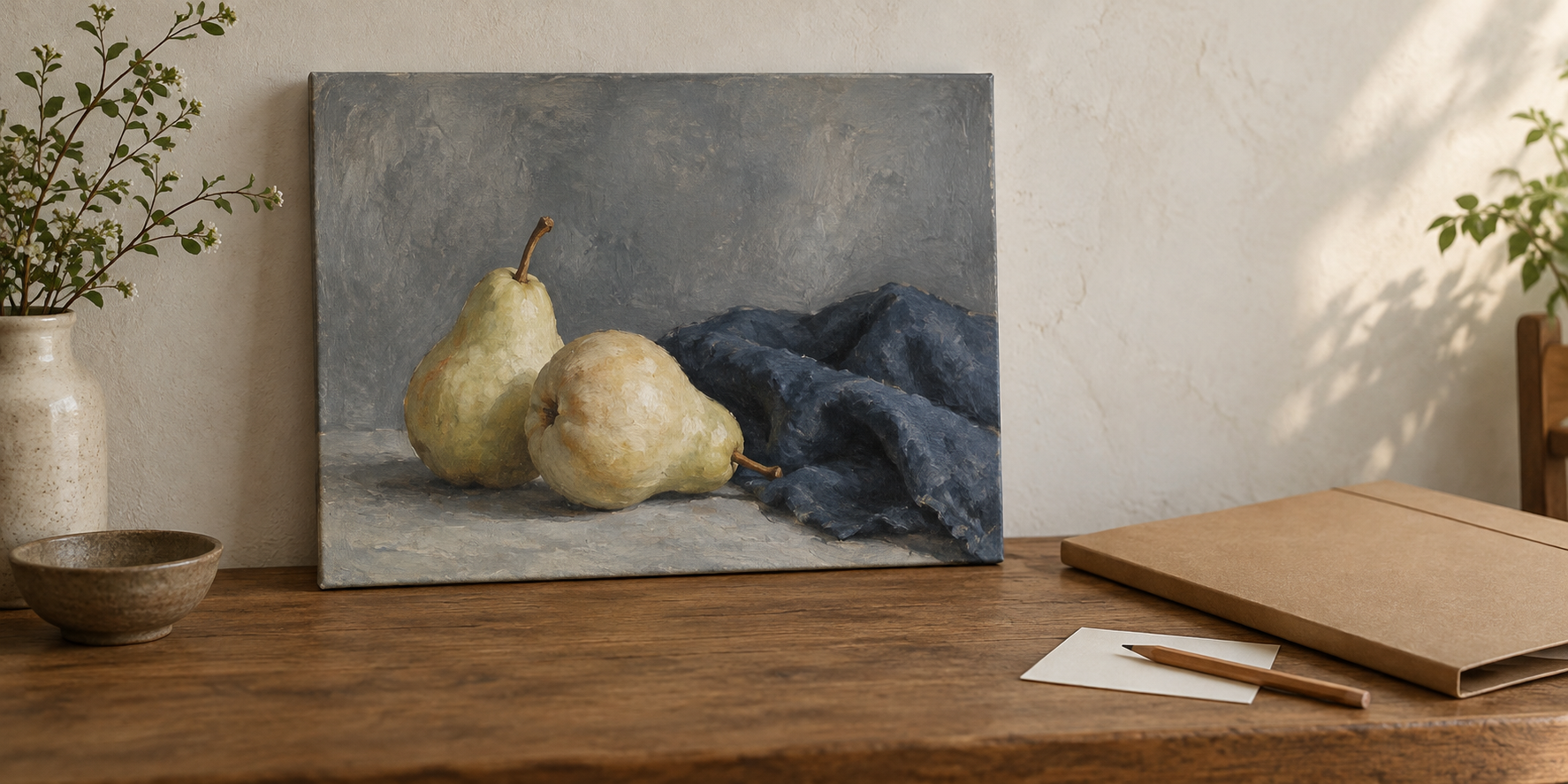 洋梨と藍色の布を描いた絵を、閉じたポートフォリオと並べた場面
