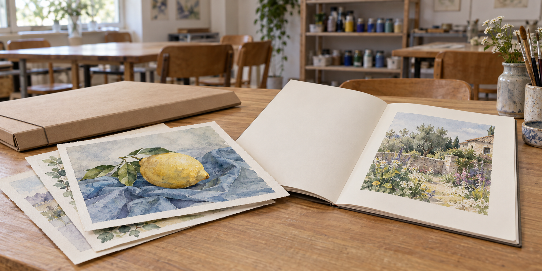 教室の机にレモンの絵などの原画と、庭の絵を載せた冊子を分けて置いた場面