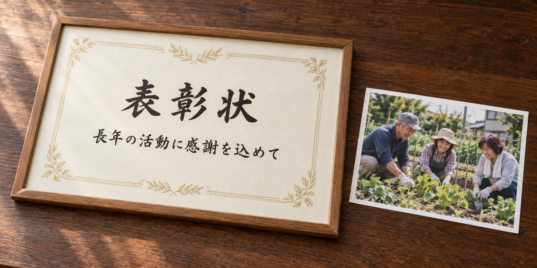 額入りの表彰状と、庭で活動する人たちの写真を並べた場面