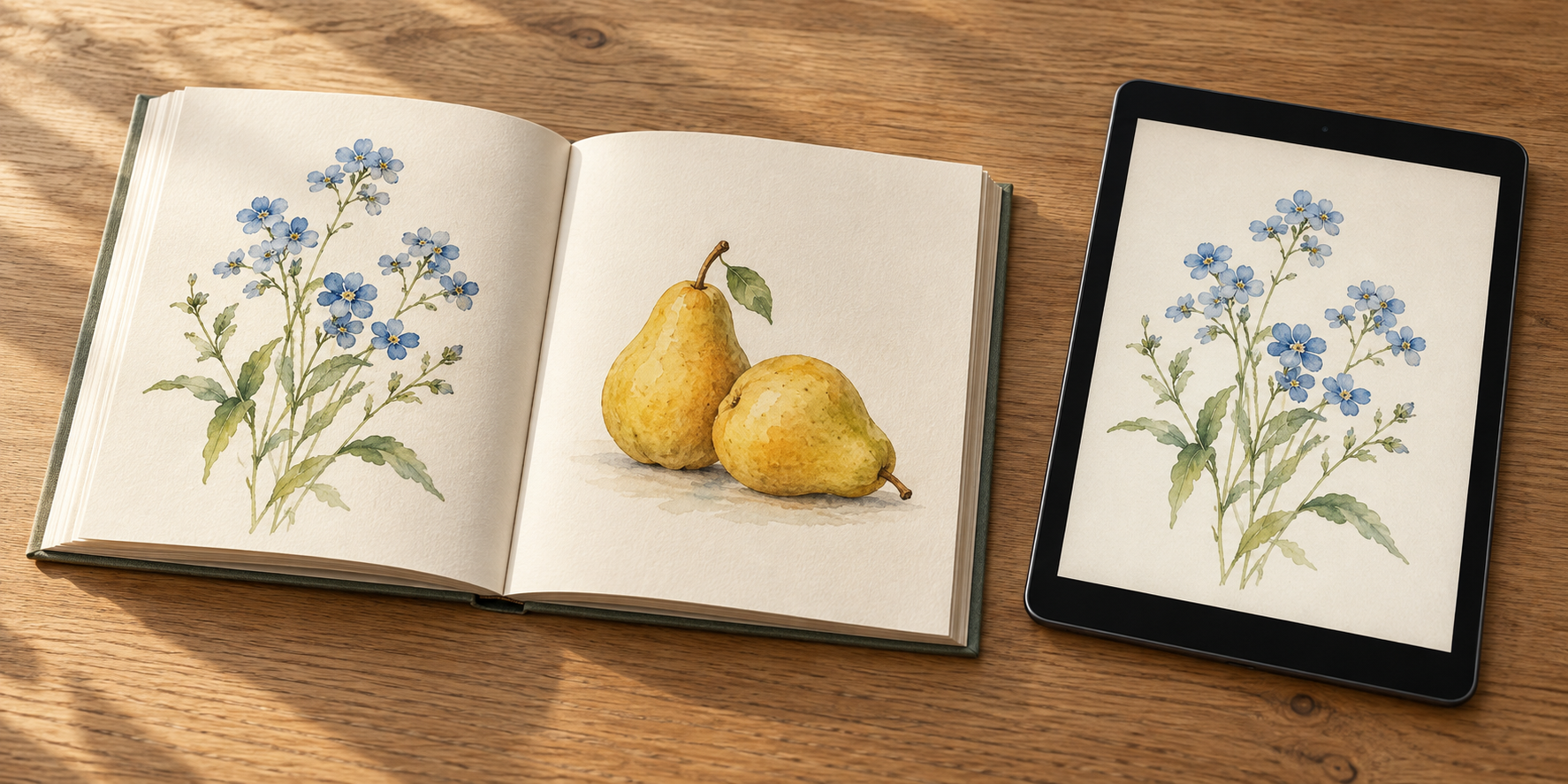 青い草花と洋梨の絵を載せた本と、草花の絵を表示する端末