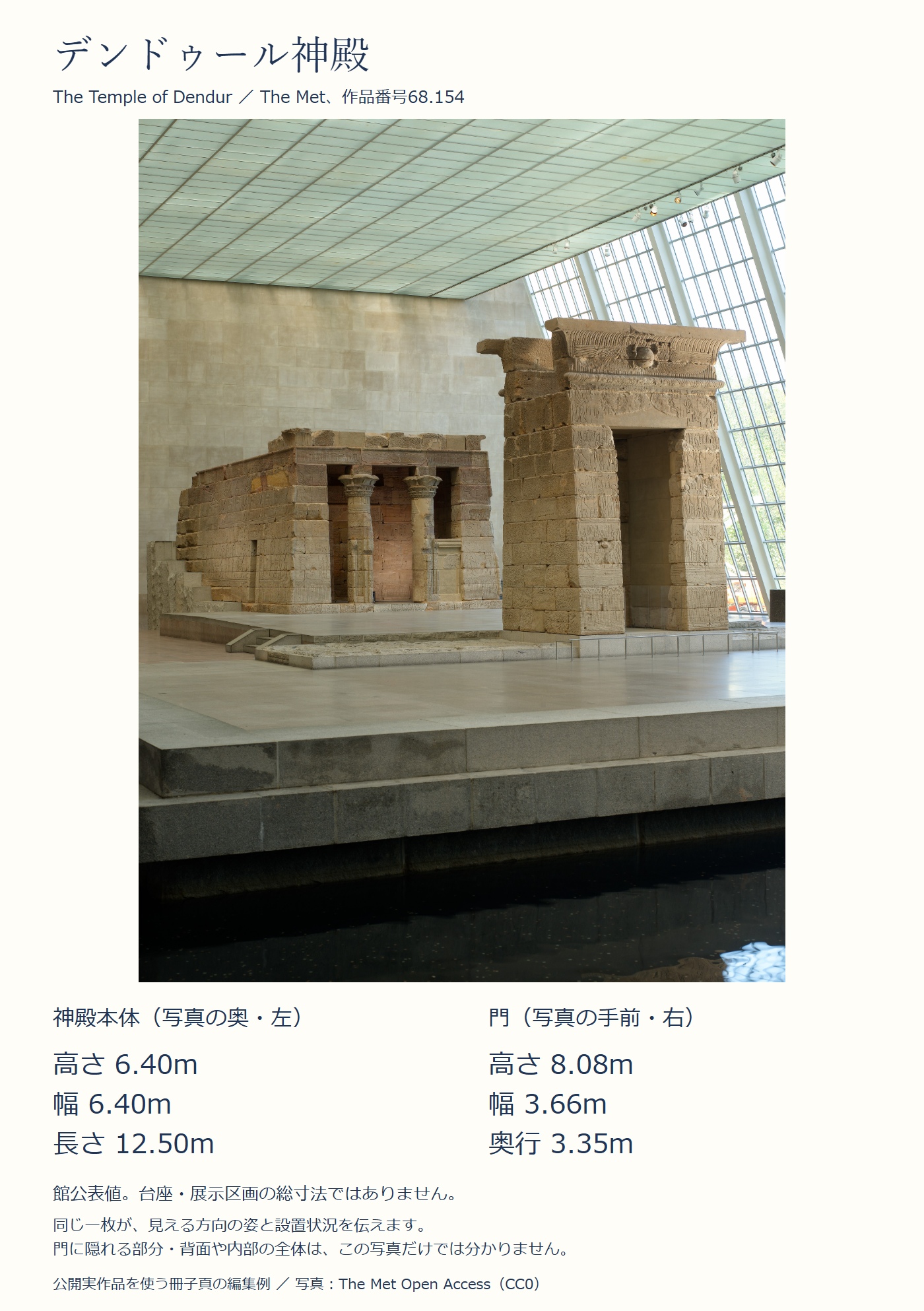 同じデンドゥール神殿の写真一枚に、奥左の本体と手前右の門の館公表寸法を対応させた紹介頁。