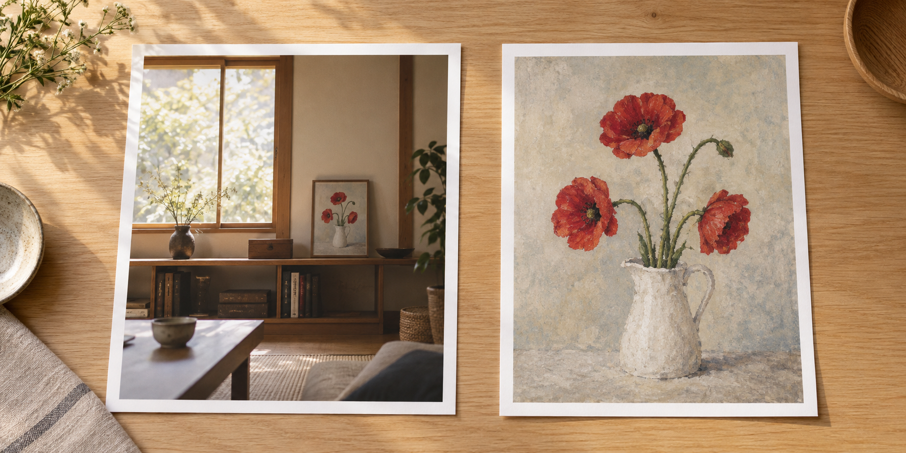 棚に花の絵を飾った部屋の写真と、花の絵の全体画像を並べた場面