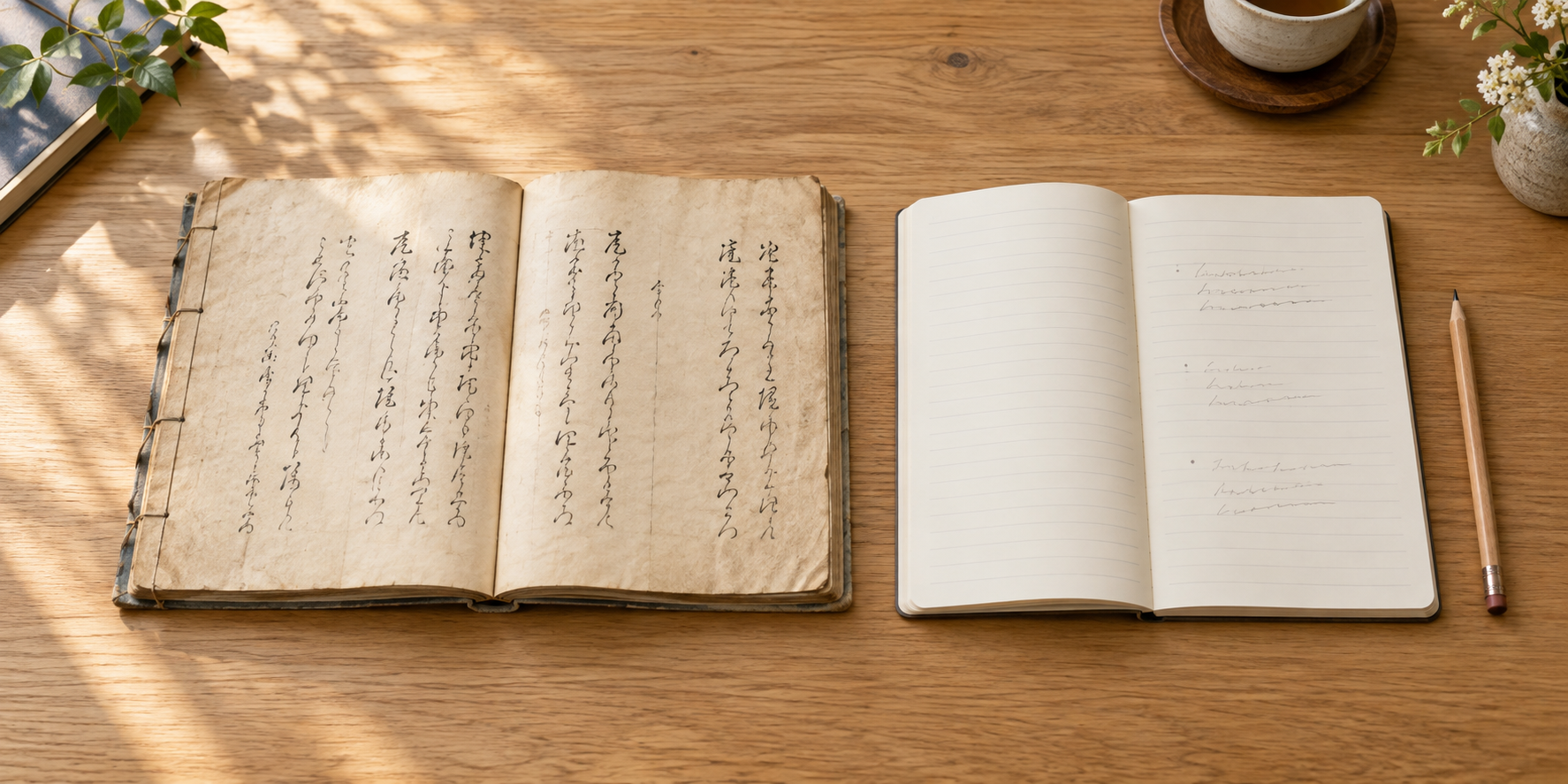 縦書きの帳面と、別のノートを並べた場面