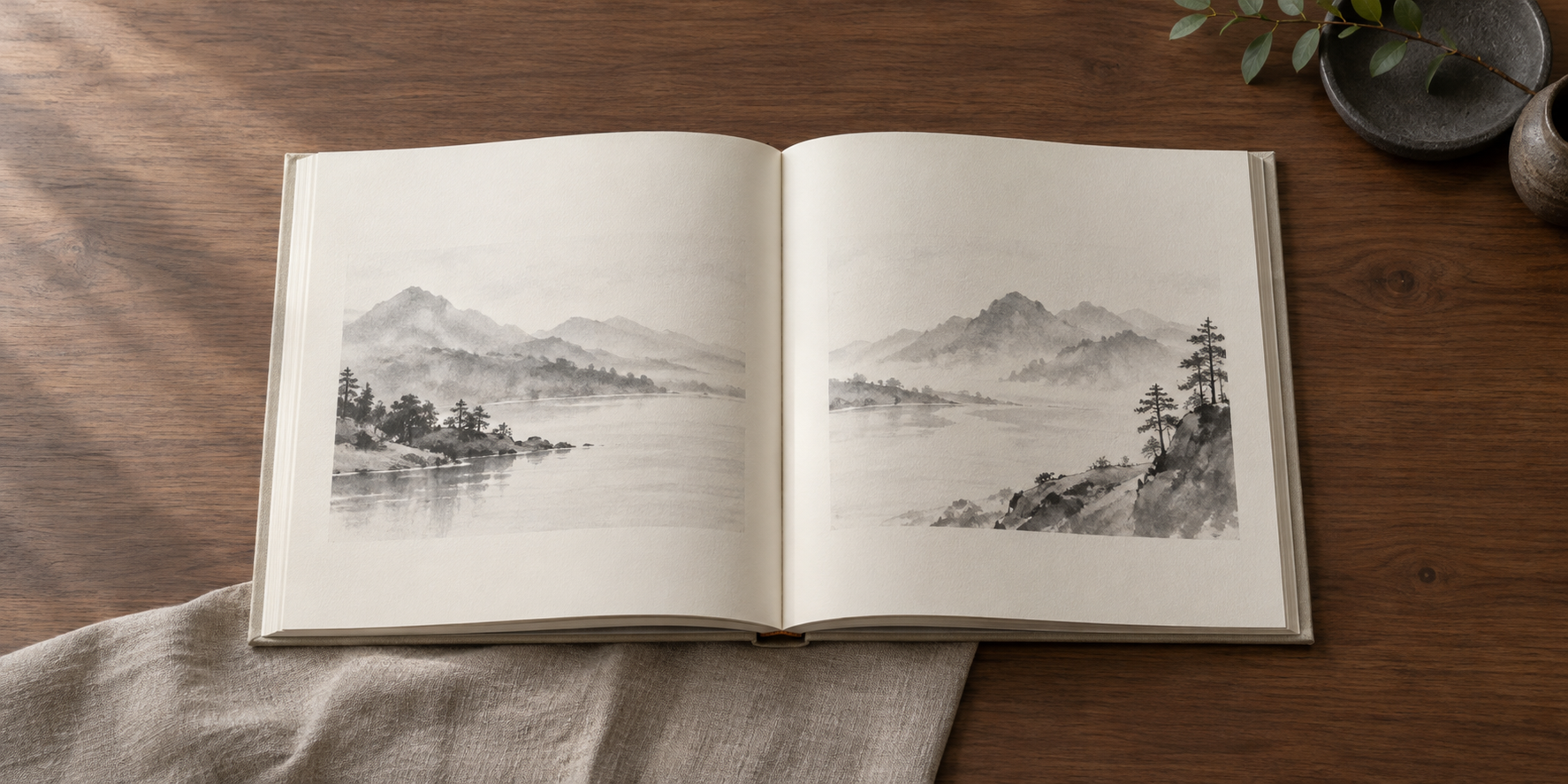 山や木々を描いた墨絵を二つのページに載せ、木の机で開いた作品集