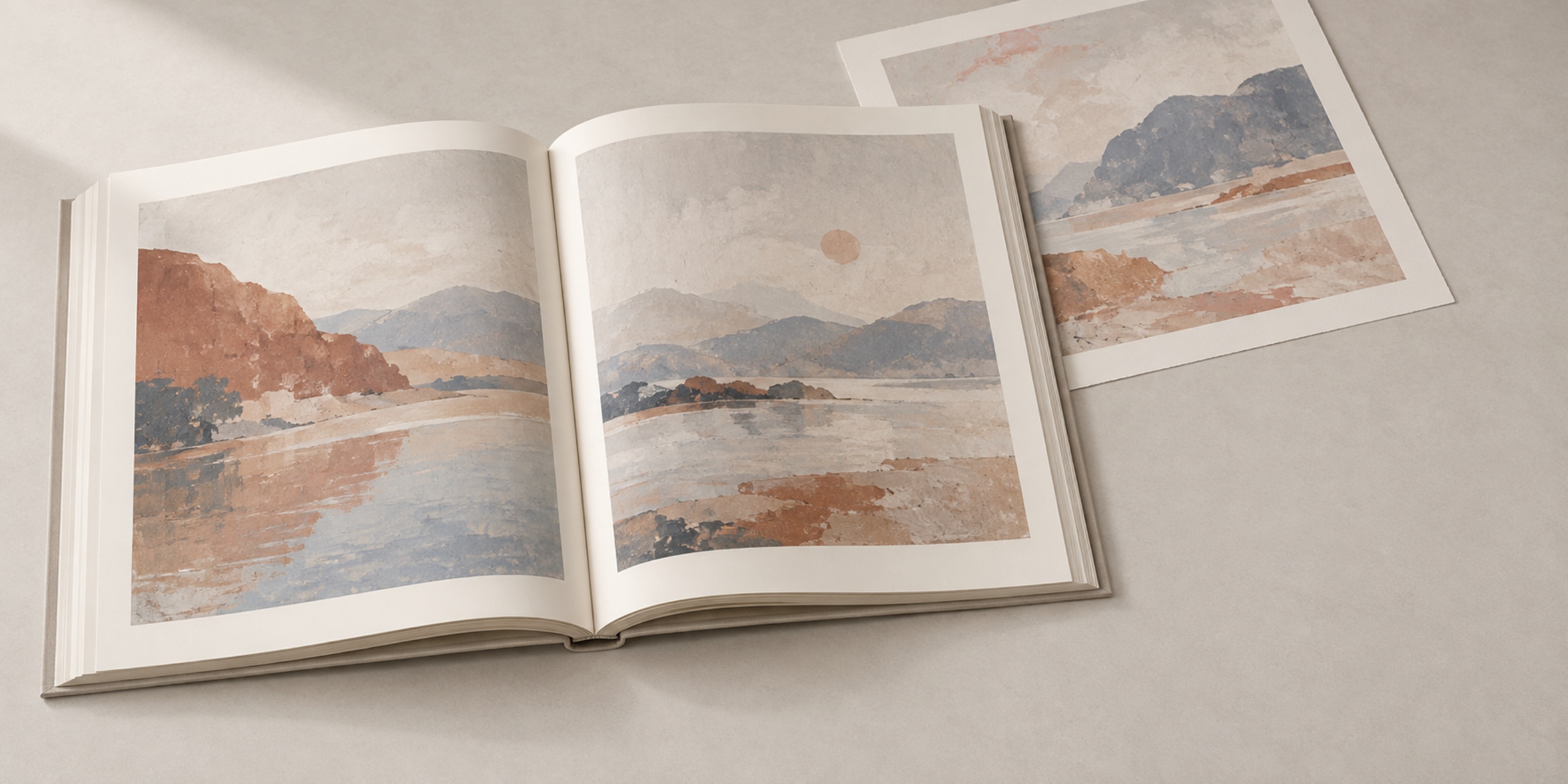 風景画のページを開いた作品集と、卓上に添えた作品の紙。