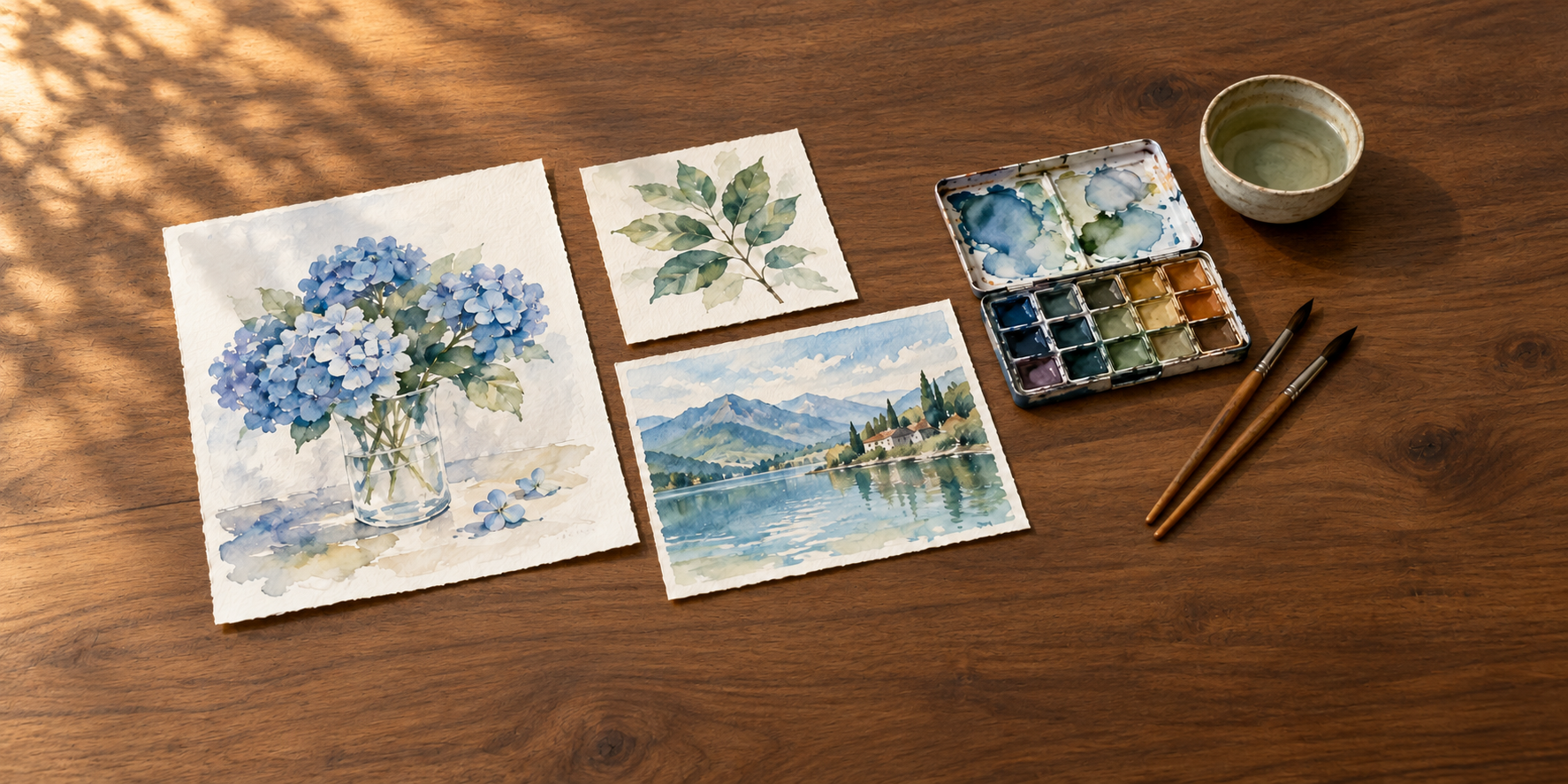 木の机に並べた花、葉、風景の水彩画と筆、パレット