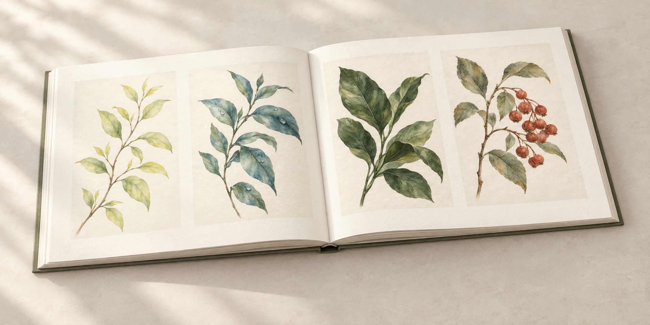 四つの植物画が載る開いた作品集の編集イメージ。