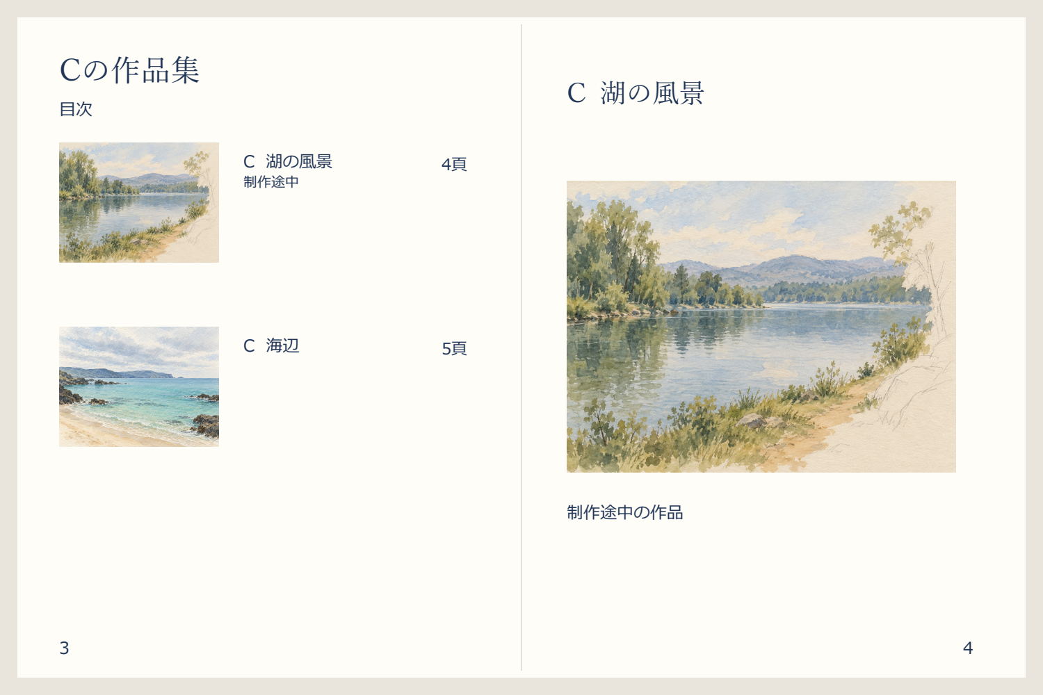 C用作品集の目次に湖の風景と海辺の二点を載せ、右の4頁に制作途中の湖の風景を掲載した見開き案。