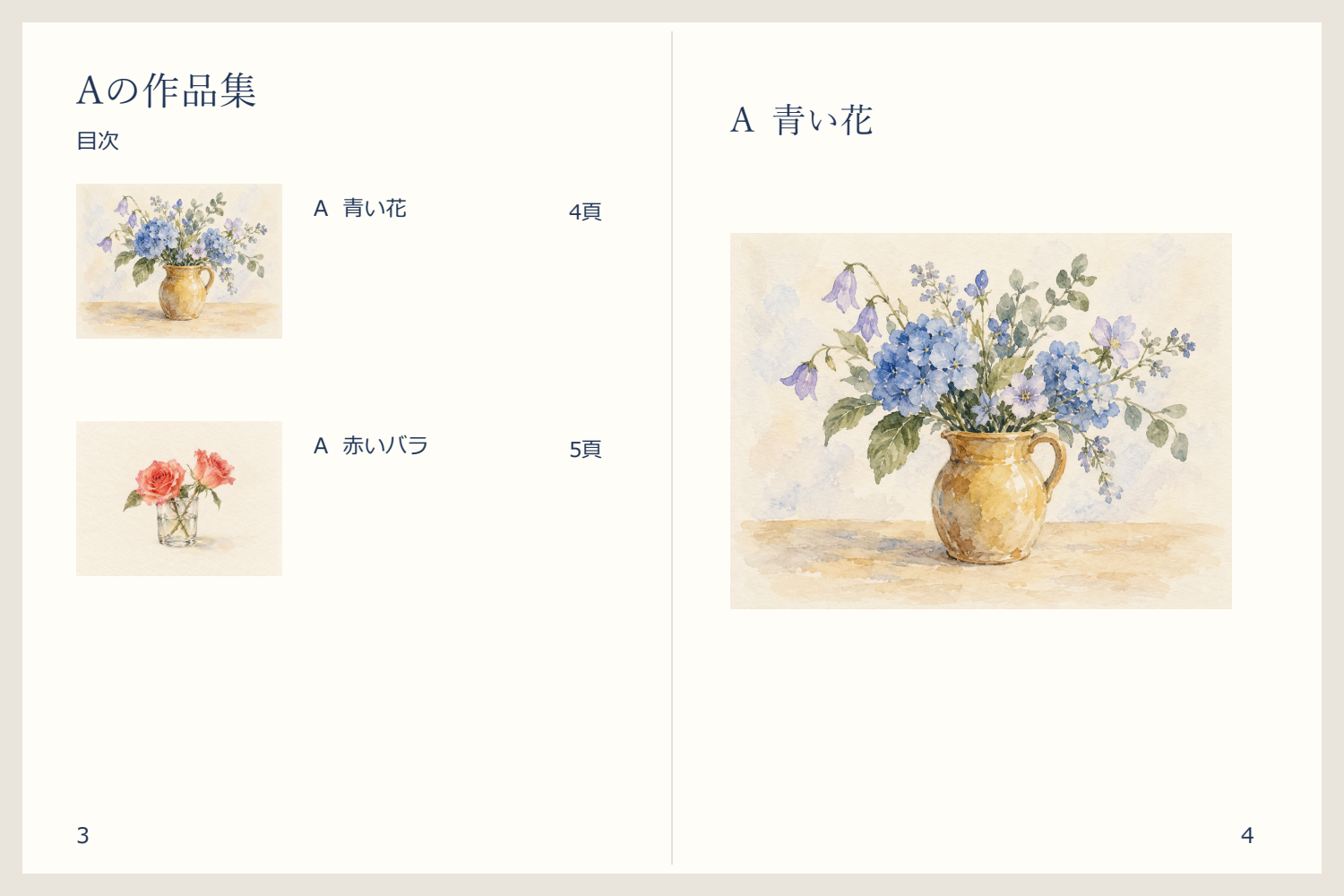 A用作品集の目次に青い花と赤いバラの二点を載せ、右の4頁に青い花を掲載した見開き案。