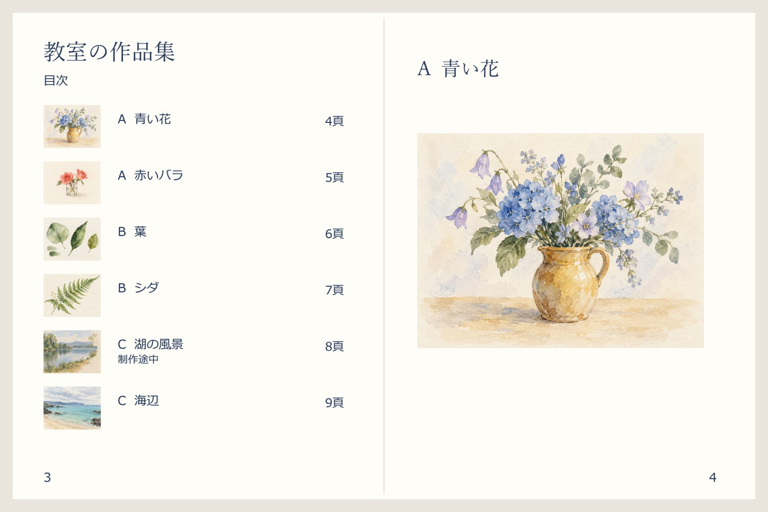 左頁の目次にA・B・Cの六作品を並べ、右の4頁にAの青い花を掲載した共通作品集の見開き案。作品名と頁の割当は直前の本文に記載。
