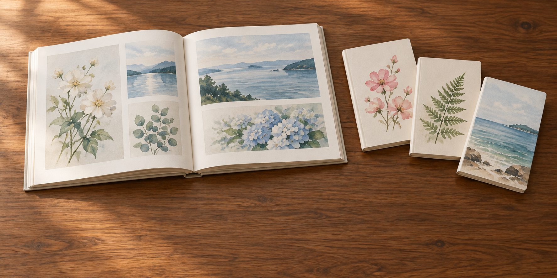 木の机に置いた共通の作品集と、花・葉・海の表紙の三冊