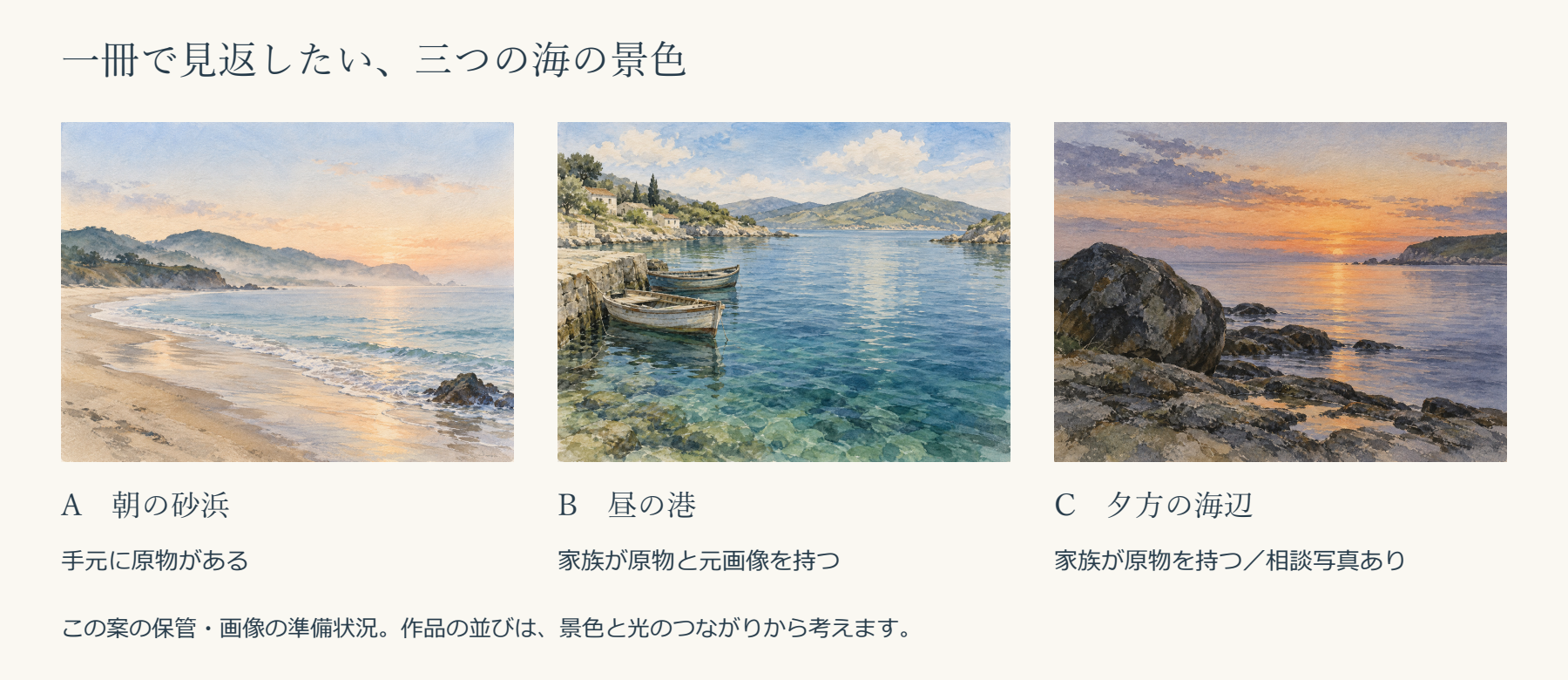 作品Aは朝の砂浜、作品Bは二隻の船が浮かぶ昼の港、作品Cは岩と夕日を描いた海辺。三作品の全景を横に並べた図。