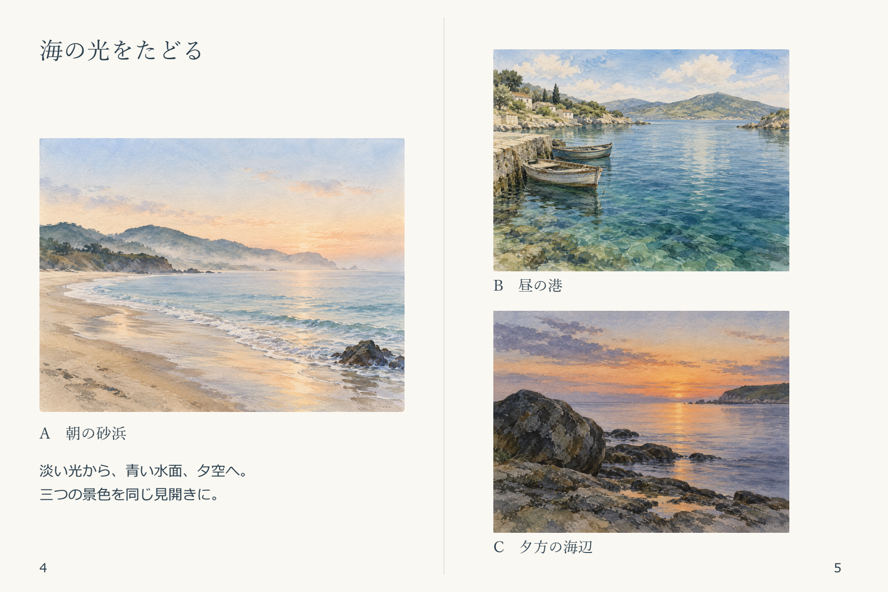 左頁に作品Aの朝の砂浜を大きく、右頁の上に作品Bの港、下に作品Cの夕方の海辺を配置した見開き案。各作品の四辺と余白を残している。