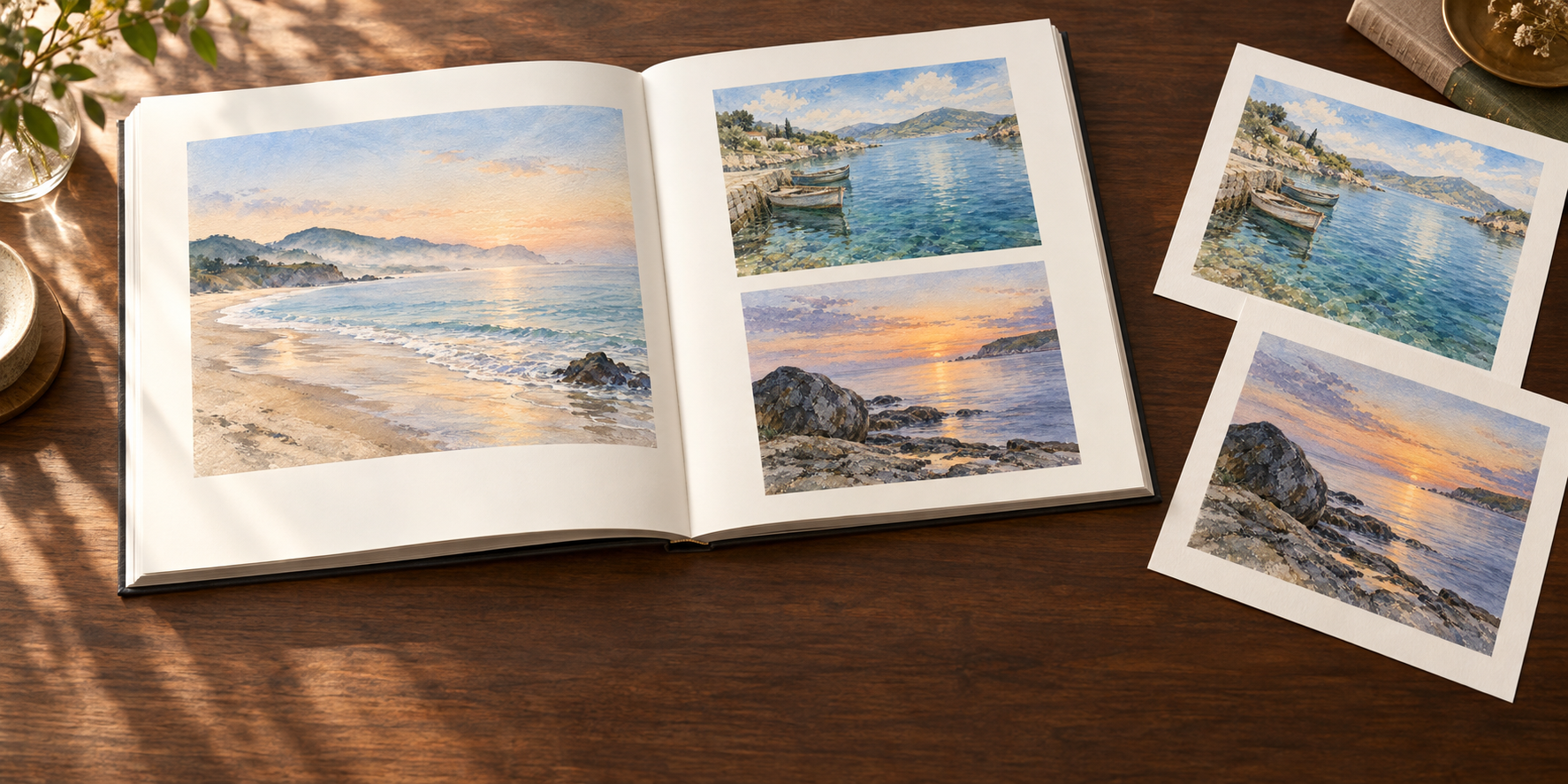 海辺の三作品を並べた冊子と写真を木の机に置いたイメージ