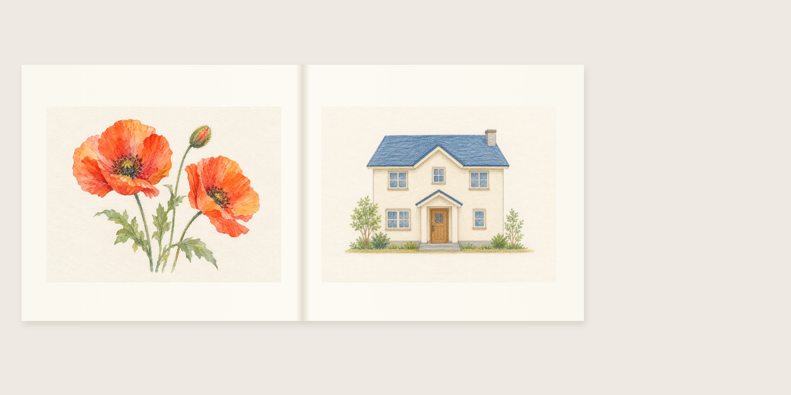 同じ花の絵と家の絵を左右の頁に置いた一冊の案。