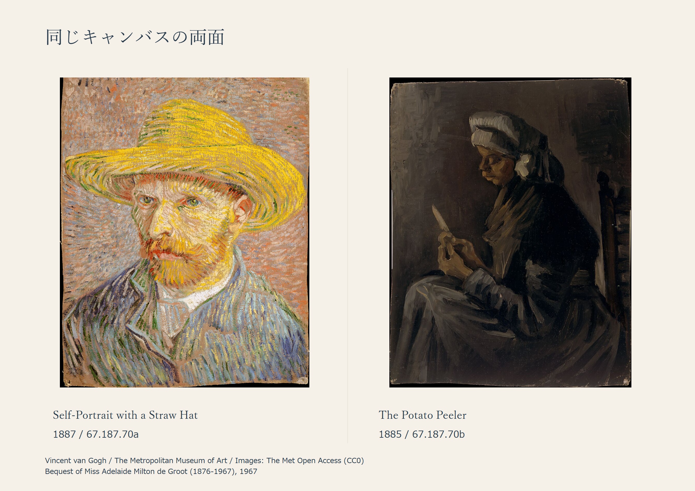 同じキャンバスの両面にある二つの絵を、各題名と制作年を添えて左右に置いた作品集の見開き。