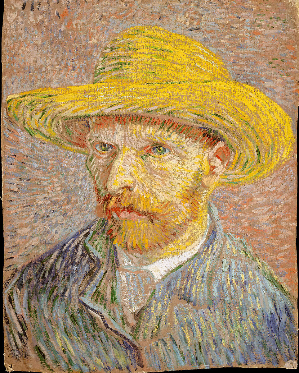ゴッホ《Self-Portrait with a Straw Hat》の全体。麦わら帽子をかぶった人物の自画像。