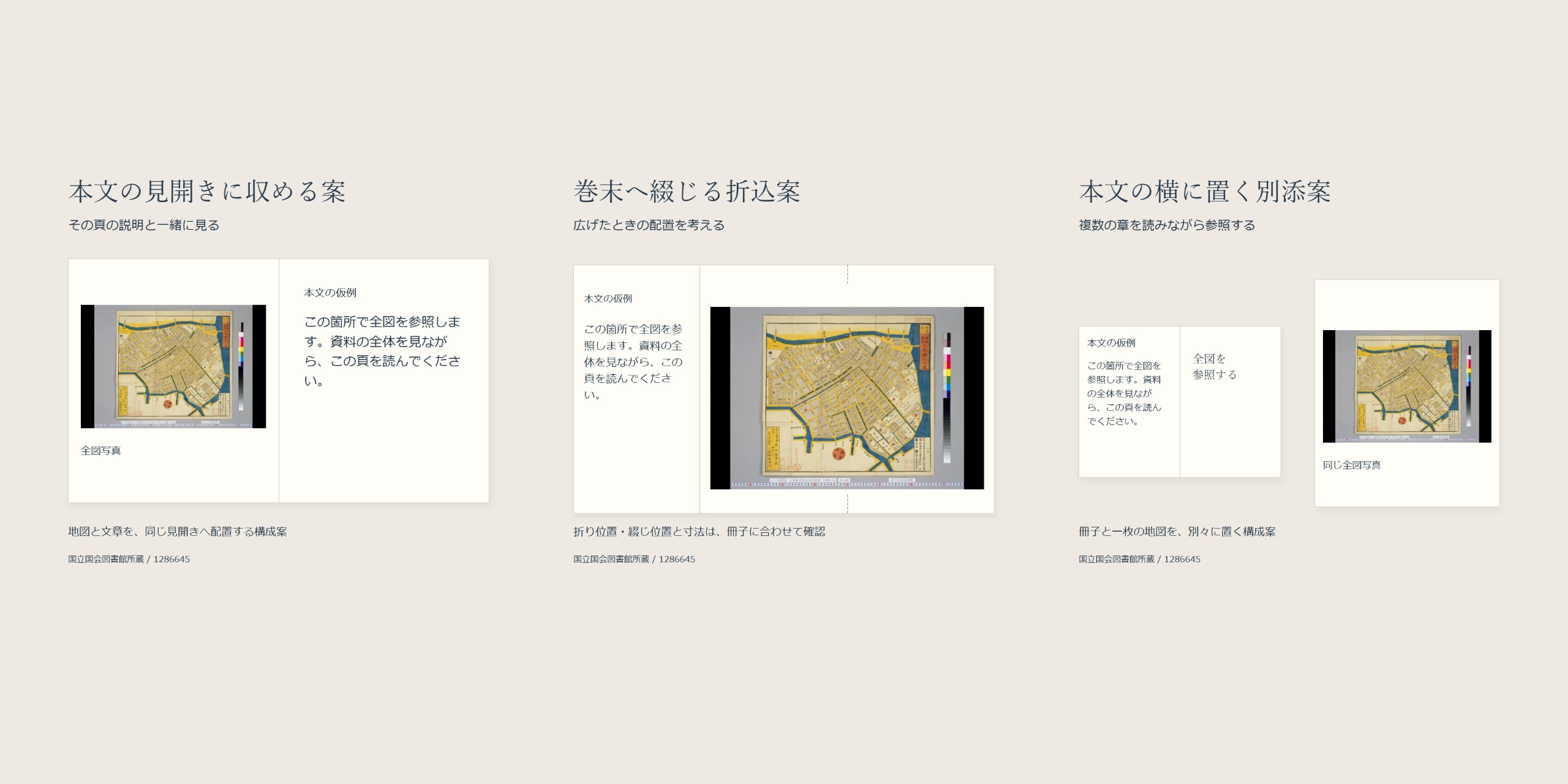 同じ公開古地図と仮本文で、本文見開き、巻末へ綴じる折込、本文の横に置く別添を比べた三つの構成案。