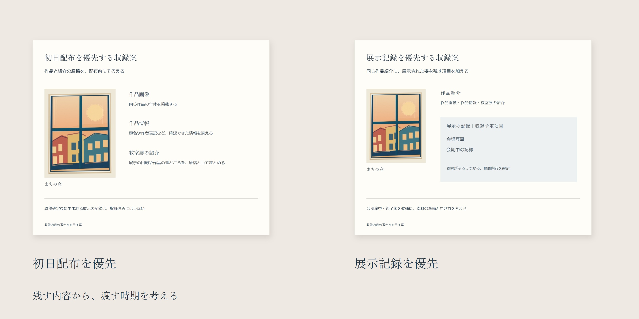 同じまちの窓を使う二つの収録案。初日配布を優先する案と、展示の記録を予定項目として加える案を並べている。