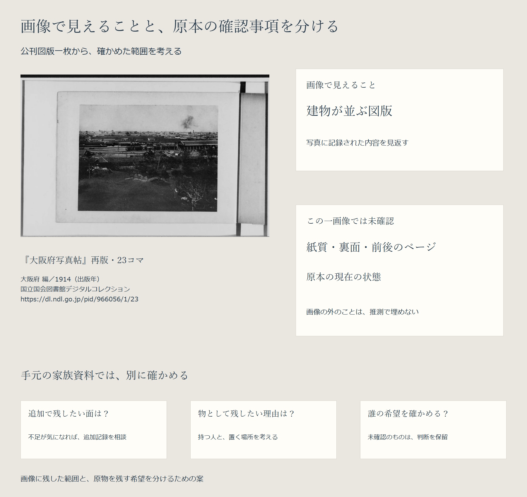 大阪府写真帖再版23コマの全図版に、画像で見える建物の内容と、一画像では未確認の紙質・裏面・前後のページ・現在の状態を分けて示した編集例。