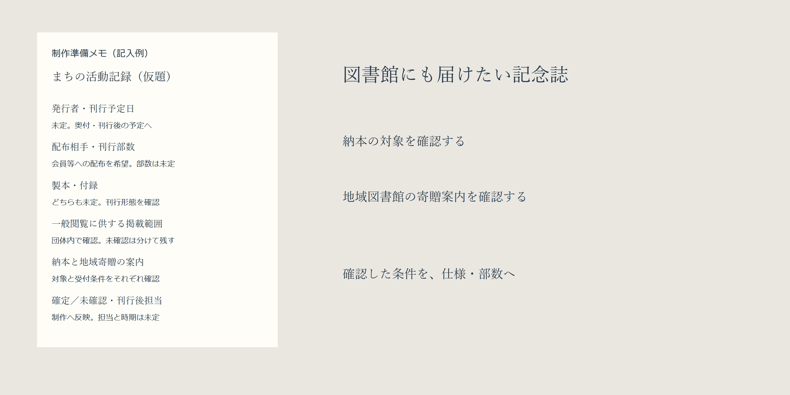 まちの活動記録という仮題の制作準備メモと、納本の対象・地域図書館の寄贈案内を別に確認し、条件を仕様や部数へ戻す案。