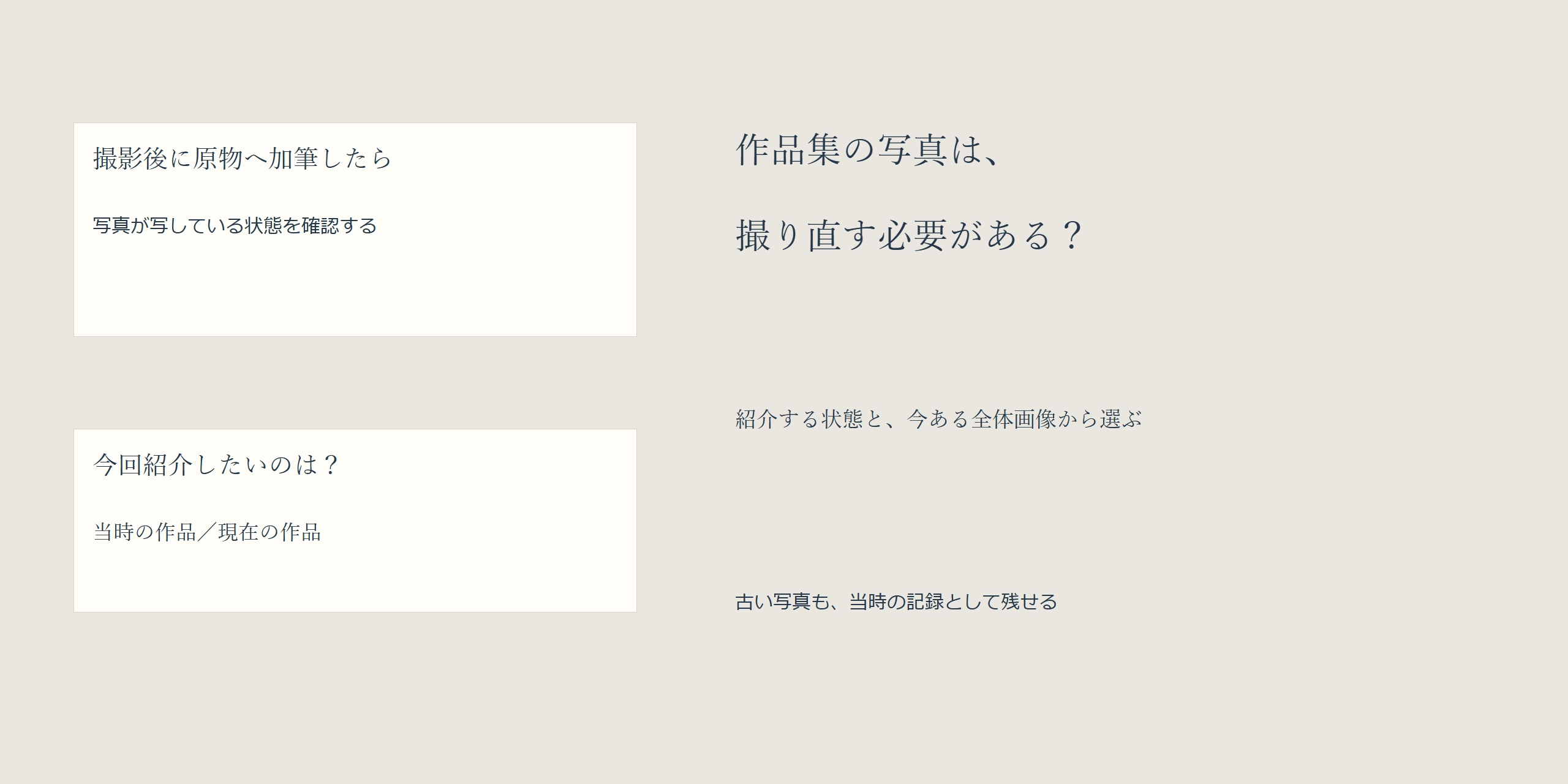撮影後に原物へ加筆したとき、今回紹介したい当時か現在の状態と、今ある全体画像から作品集の写真を選ぶ考え方。以前の写真も当時の記録として残す。