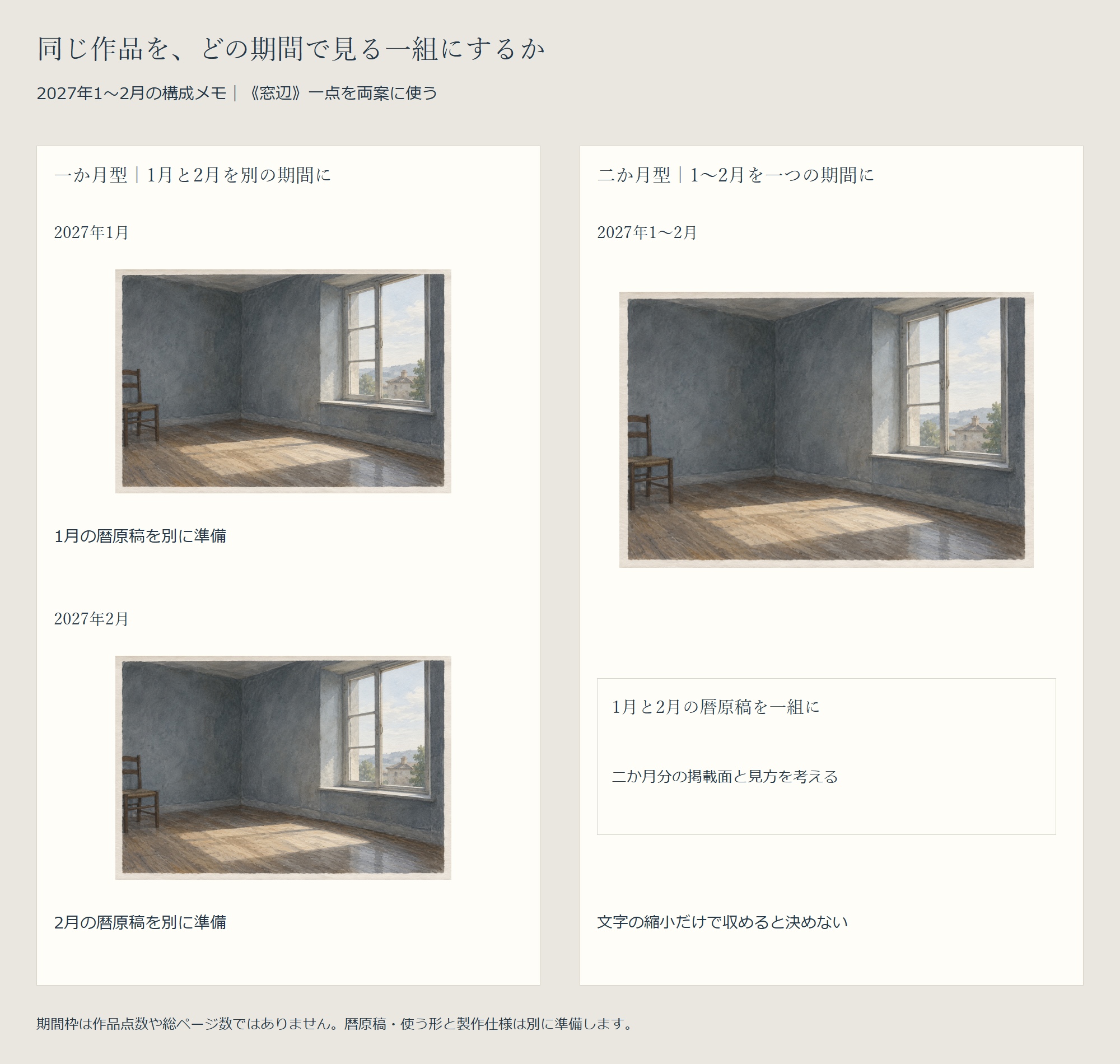 同じ窓辺の全体画像を使う2027年1〜2月の構成メモ。一か月型は1月と2月を別枠にし各月の暦原稿を準備、二か月型は1〜2月を一枠にし二か月分の暦原稿を一組にする。期間枠は作品点数や総ページ数を表さない。
