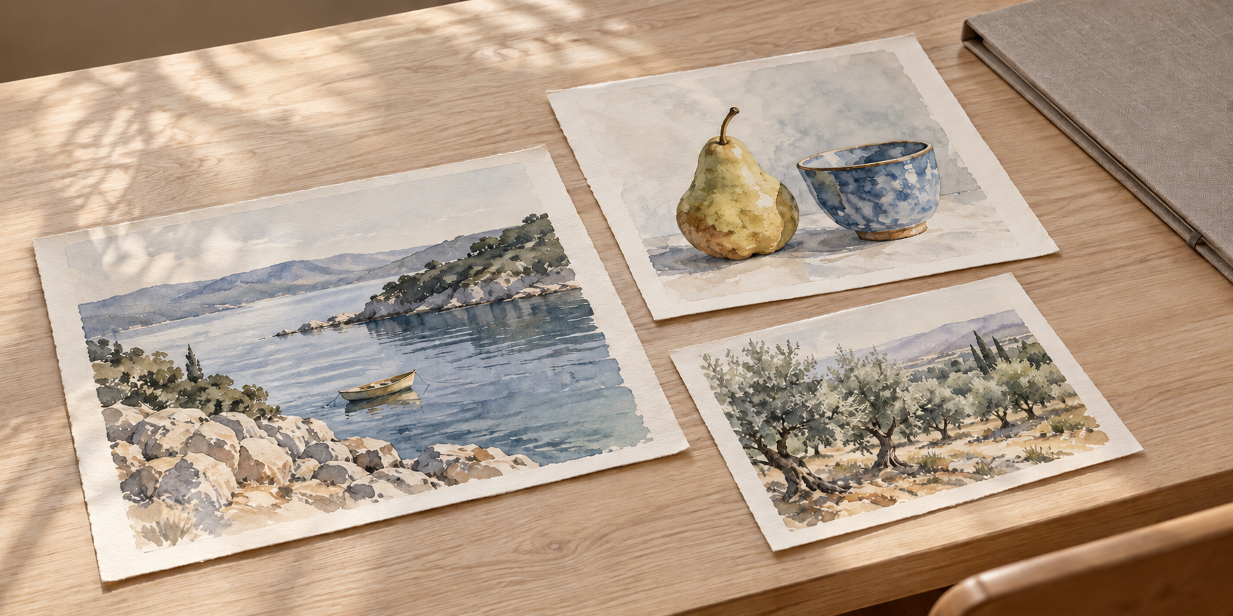 海辺、洋梨と青い器、オリーブの木を描いた三点の水彩画を机に並べた様子。