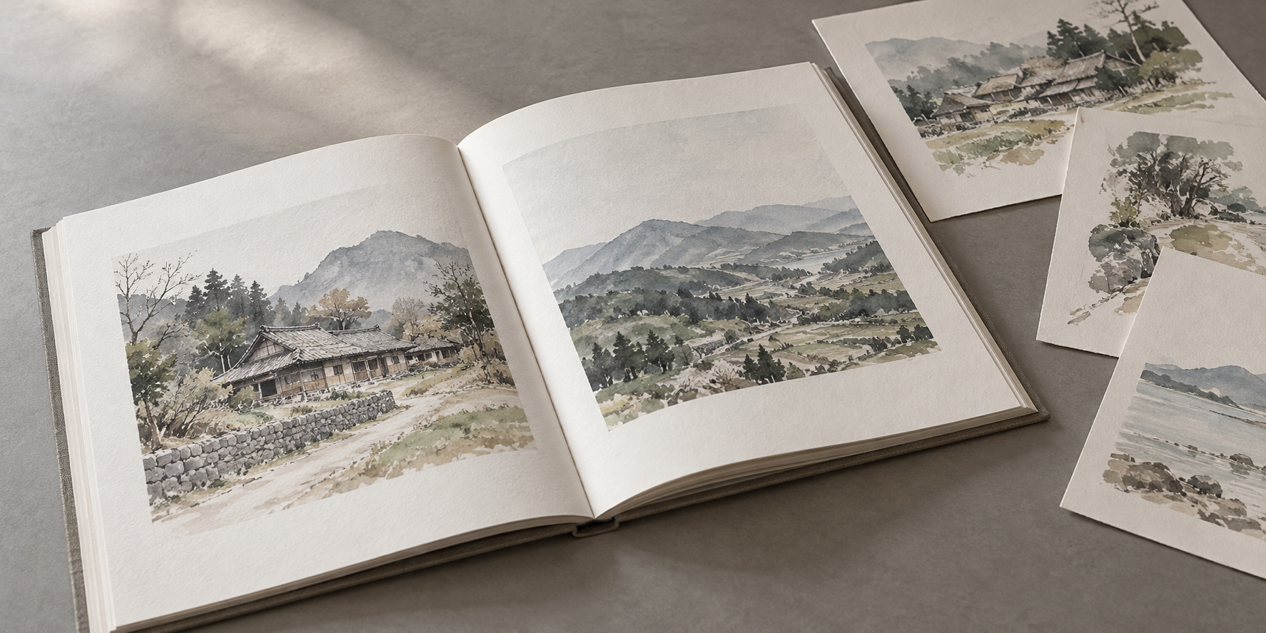 絵を収めた開いた作品集と、そばに並べた画稿