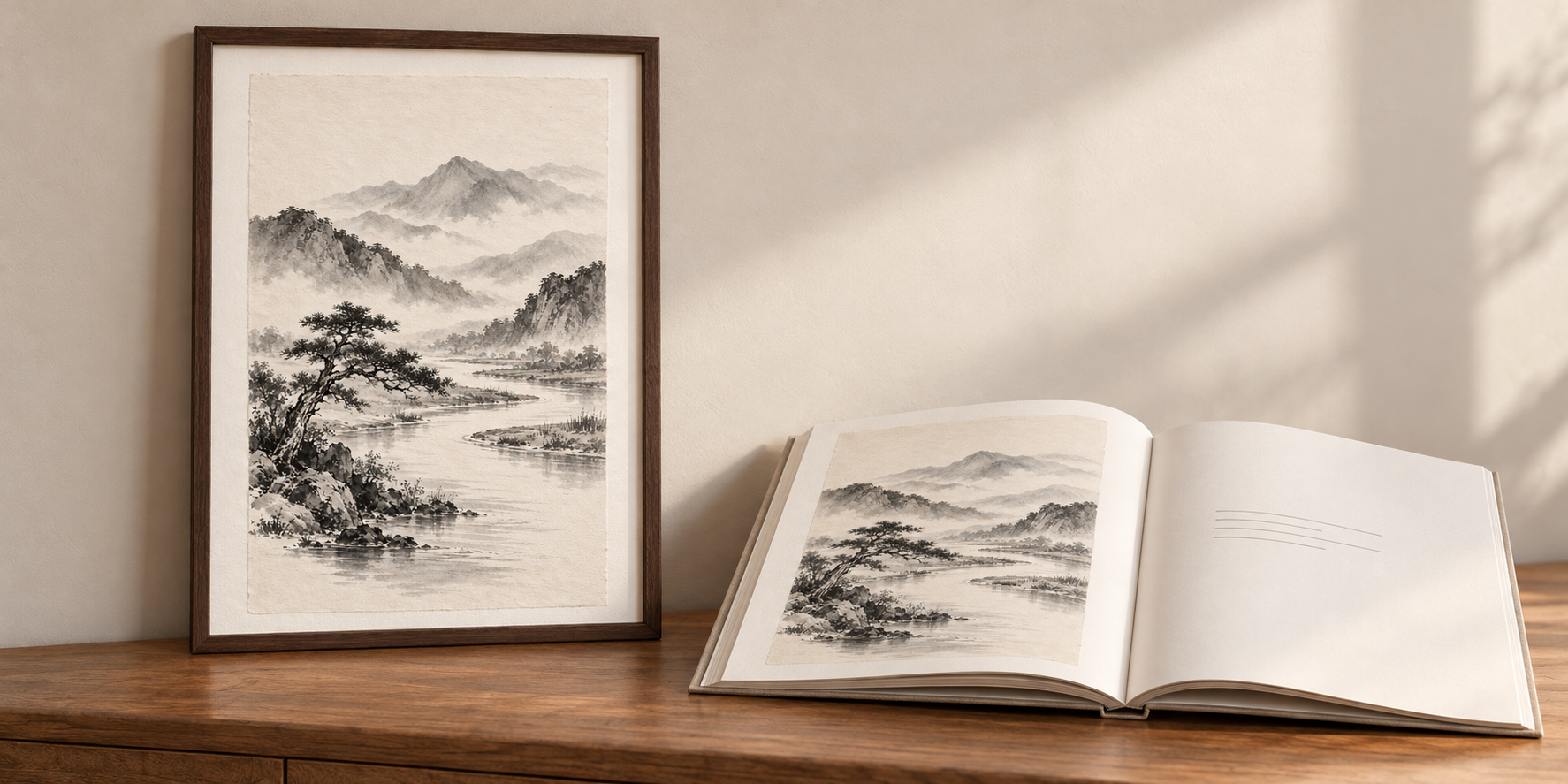山水画を額に入れた姿と、本のページに載せた姿を机上で並べている。