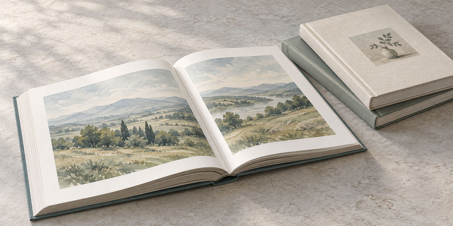 風景画を開いた作品集と、重ねた二冊の布張りの本