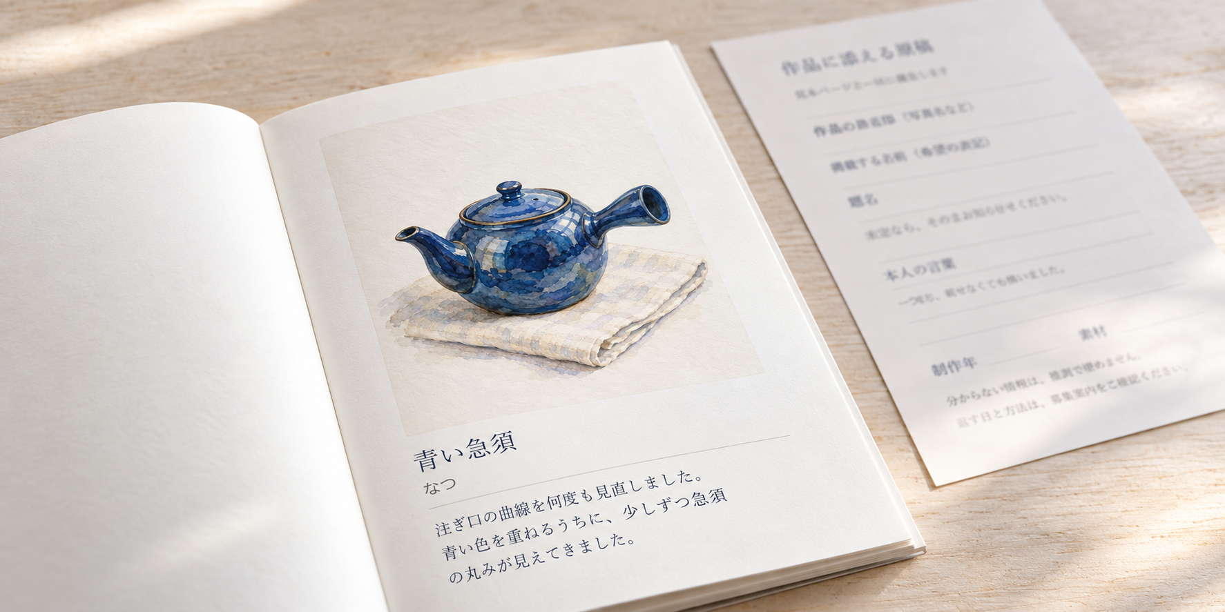 青い急須の絵と短い言葉を載せた本のページに、原稿用紙を並べている。